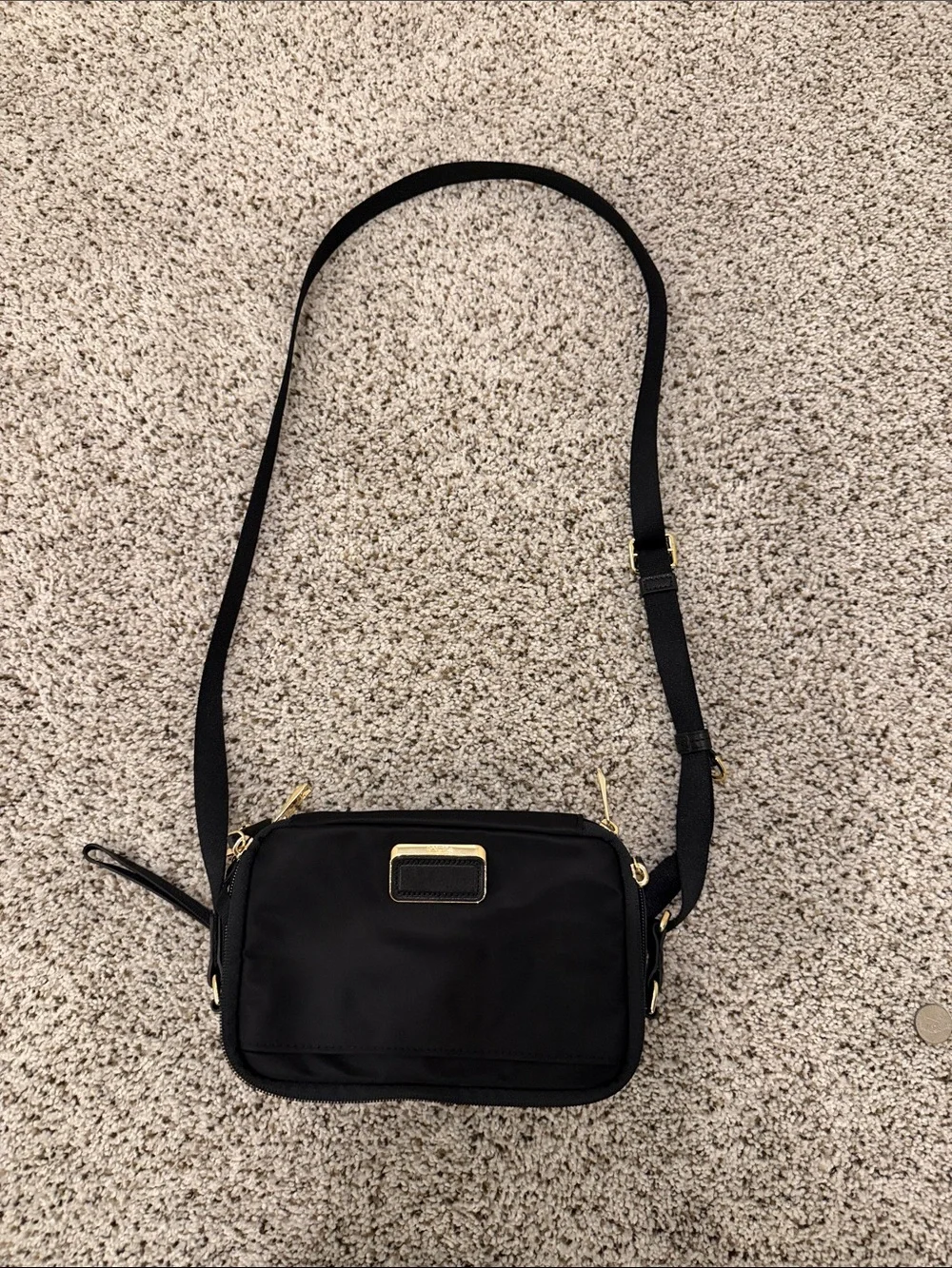 Tumi Black Crossbody Bag with Gold Hardware (camera bag style) Voyageur